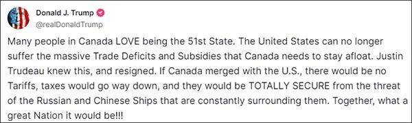 特鲁多警告:特朗普不是在开玩笑 他真的想吞并加拿大